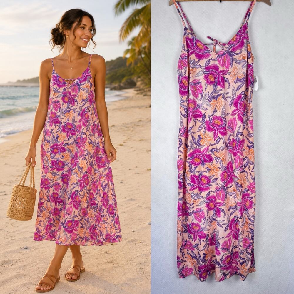 NWT Old Navy Floral Midi Dress Small Pink Purple Tie Back Boho Resort Vacation